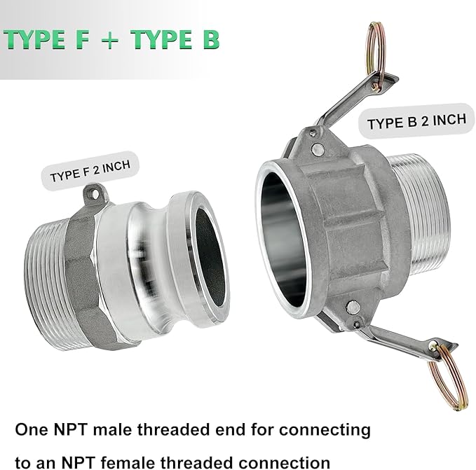 SAFBY 2PCS Type B, Type F, Aluminum Cam Lock Fittings Cam Groove Fitting Camlock Fittings, Male and Female Adapter Male NPT Thread with Whip Stop Hose Restraint