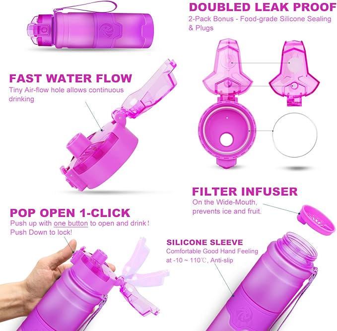 ZORRI Sports Water Bottle, 400/500/700ml/1L, BPA Free Leak Proof Tritan Lightweight Bottles for Outdoors,Camping,Cycling,Fitness,Gym,Yoga- Kids/Adults Drink Bottles with Filter, Lockable Pop Open Lid
