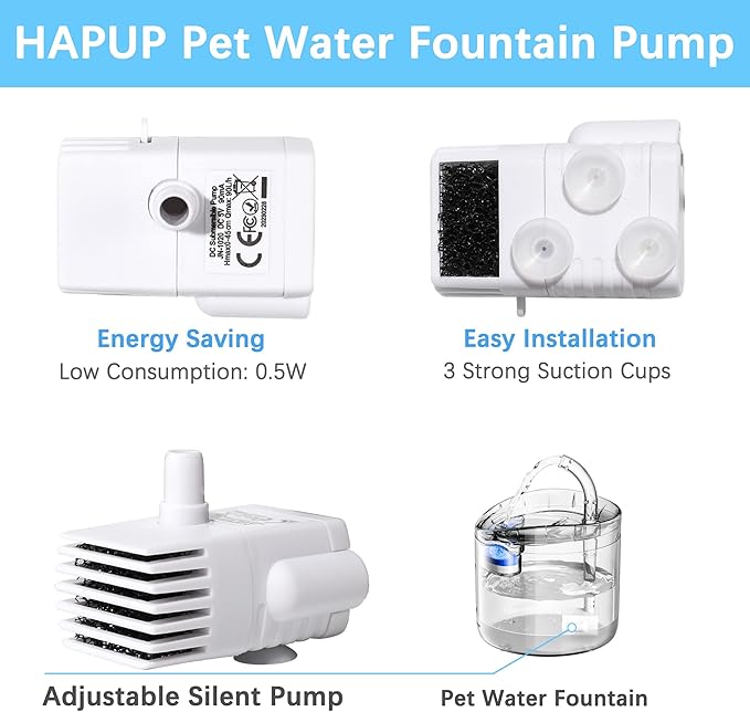 Cat Water Fountain Pump Silent DC5V Original Pet Drinking Fountain Replacement Pump (170L/H) with 6.5ft USB Power Cord for 61OZ/1.8L HAPUP Dog Water Fountain Fish Tank Hydroponics (No Adapter)