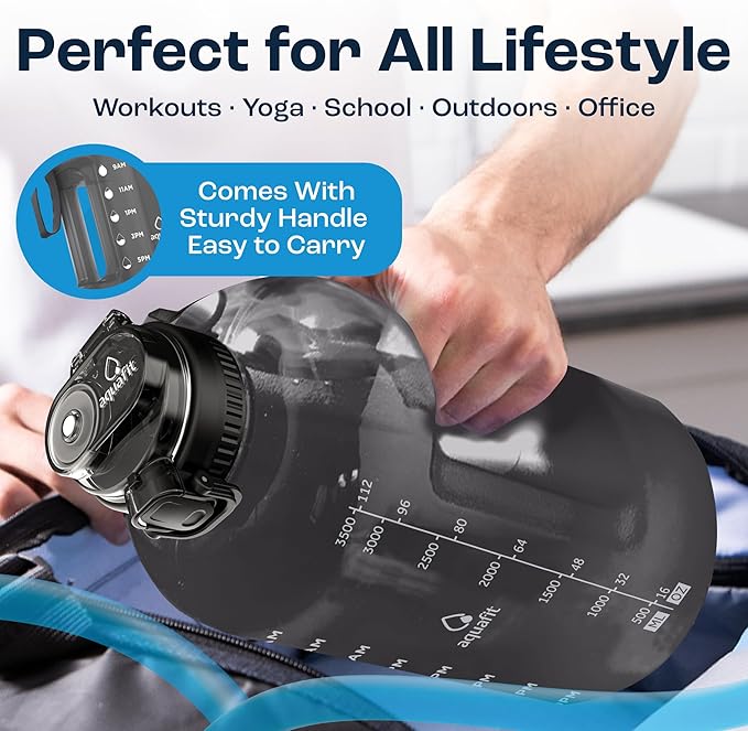 AQUAFIT 1 Gallon Water Bottle with Time Marker - Straw & Chug Lid - BPA Free Gym Water Bottle with Straw - Big Gallon Jug (Gray, 128 oz - 2in1 Lid)