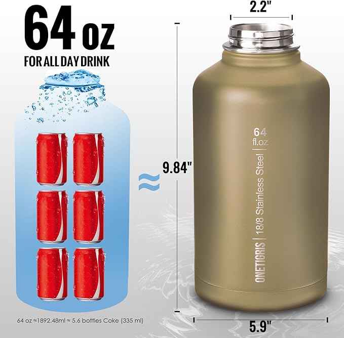 ONETIGRIS Tactical Half Gallon Water Bottle with Straw - 64 oz Vacuum Insulated Stainless Steel Water Jug, Leakproof Sport Bottle with 3 BPA Free Lids, Paracord Handle & MOLLE Water Pouch for Outdoor