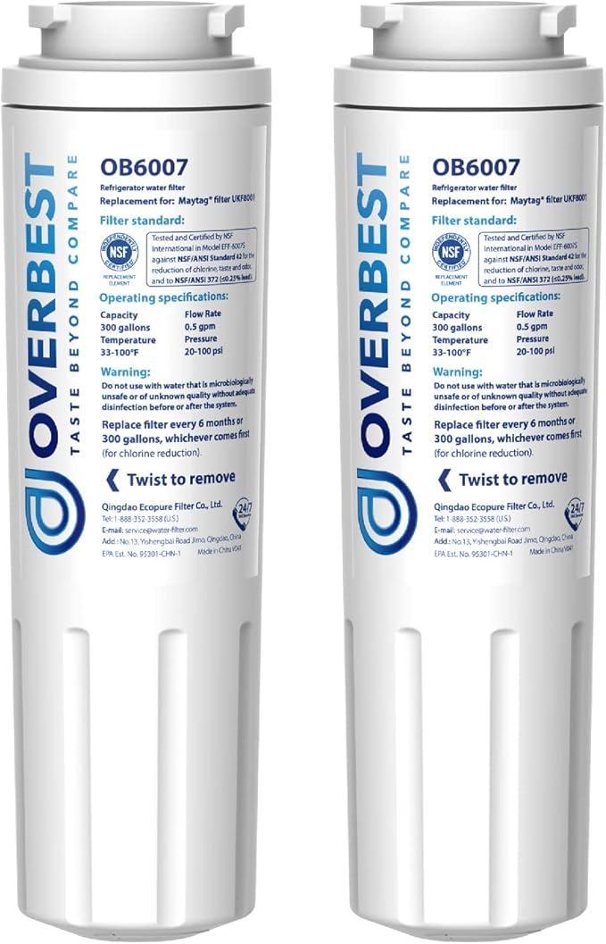 Overbest UKF8001 Replacement for EveryDrop by Whirlpool Refrigerator Water Filter 4, EDR4RXD1, Pack of 2 - AquaVibe