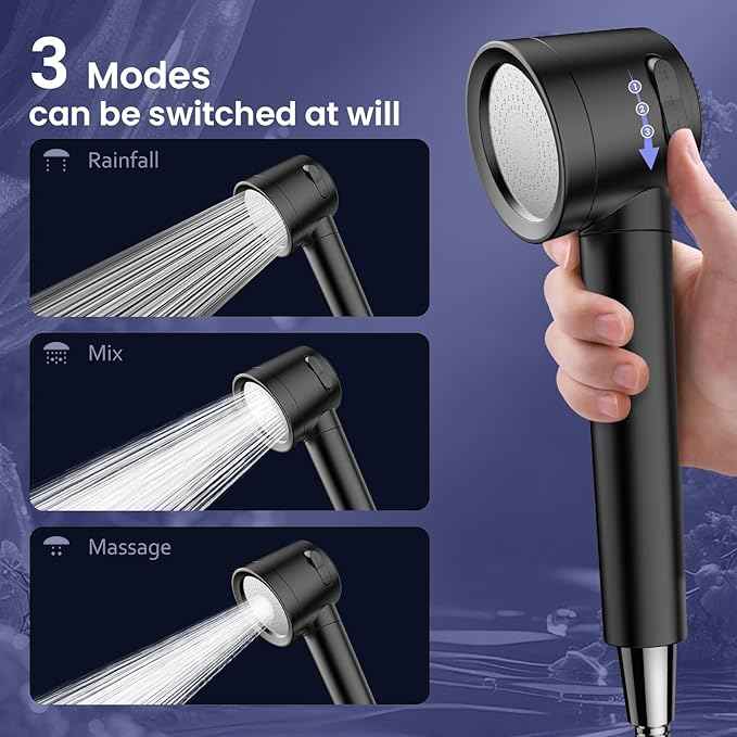 Ion Drops Filtered Shower Head with Handheld, High Pressure Shower Heads with 3 Spray, Showerhead with Filters Hand held for Hard Water, Remove Chlorine, Reduces Dry Itchy Skin (Black)
