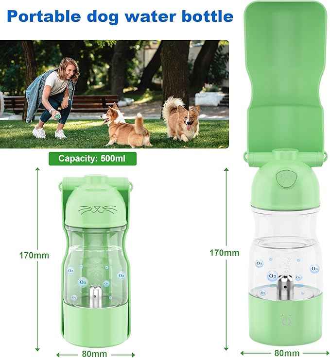 Portable Dog Water Bottle with Ozone Purification - Active Oxygen Puppy Water Bowl & Dispenser for Travel, (A-013B-Green)