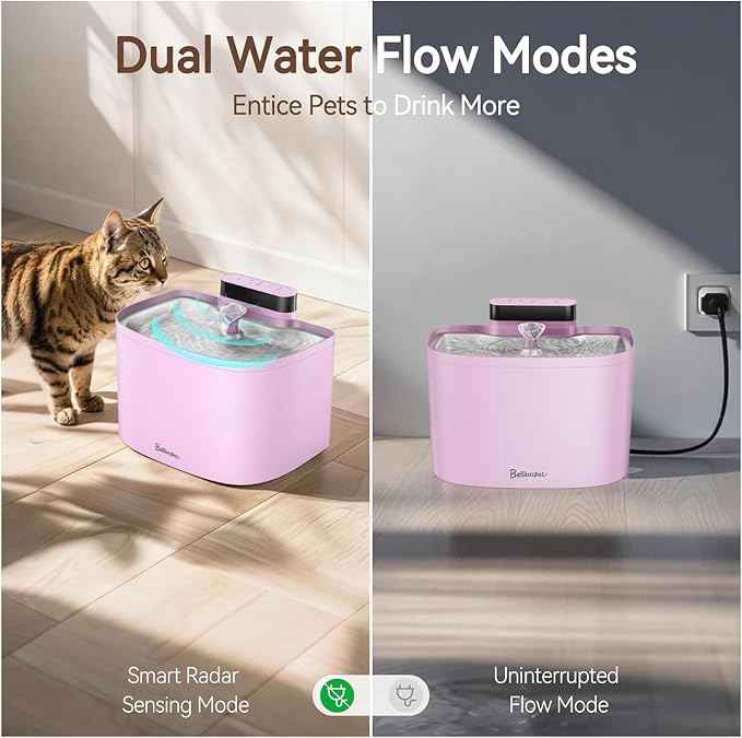 Cat Water Fountain, 122oz/3.6L Pumpless Wireless Cat Fountain, Cordless Water Fountains for Cats Indoor, Dog Pet Water Fountain Battery Operated with Stainless Steel Tray (Pink, Fountain+8 Fliters)
