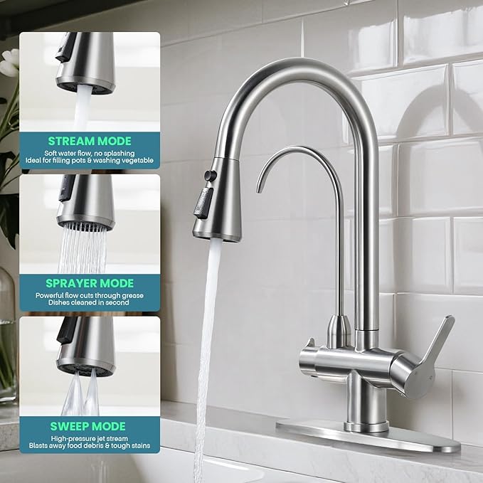 Kitchen Faucet with Water Filter Faucet, Brushed Nickel Stainless Steel Drinking Water Faucet, High Arc 2 Handle Kitchen Sink Faucet with Pull Down Sprayer for Kitchen Sink Farmhouse Bar