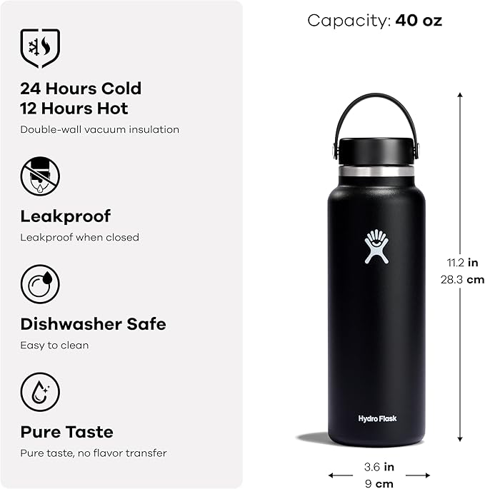 Hydro Flask Water Bottle - Insulated Stainless Steel - Wide Mouth Flex Lid, Non Spill, Leakproof and Refillable in 40 Oz