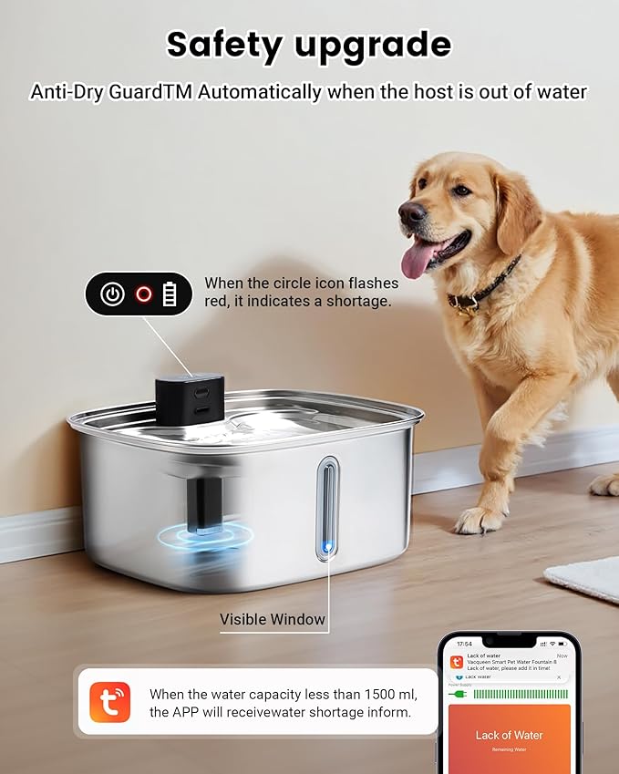 Large Dog Water Bowl Dispenser, 10L/ 338Oz Smart Dog Water Fountain Stainless Steel with APP Monitoring, Automatic Cat Water Fountain for Mutil-Pets Large Dogs 2.64Gal, 3 Fountain Modes 2.4G Wi-Fi