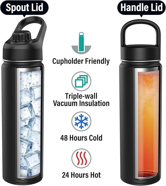 ICEWATER 24 oz Versatile Water Bottle with 4 Lids (Filtered Straw Option Reduces Chlorine Taste & Odor, Great for Travel), Triple Wall Vacuum Stainless Steel Insulated Cold for 48H, Fits in Cup Holder