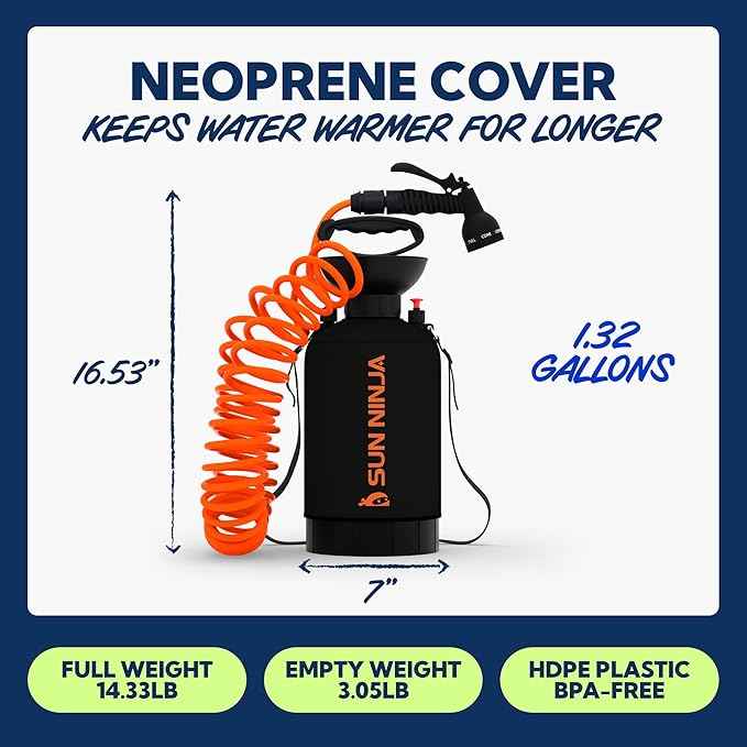 SUN NINJA Portable Shower, Camping Shower with 7 Mode Shower Head, Neoprene Cover Helps Keep Water Warm, High Pressure Hose, Easy to Carry