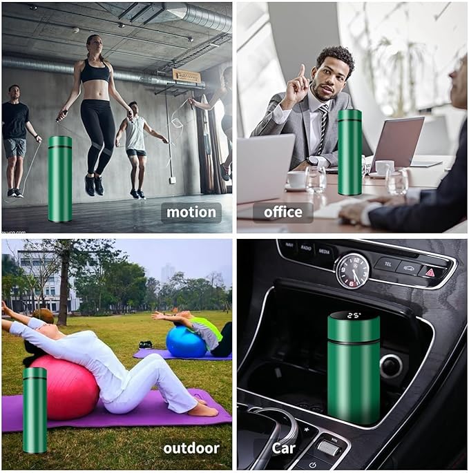 Smart Water Bottle Stainless Steel Vacuum Flask,Travel Mug with Smart LCD Touch Screen, Keep Hot Or Cold, Car Portable Travel Tea Coffee Vacuum Thermo Cup,Insulated Water Bottle (Green)