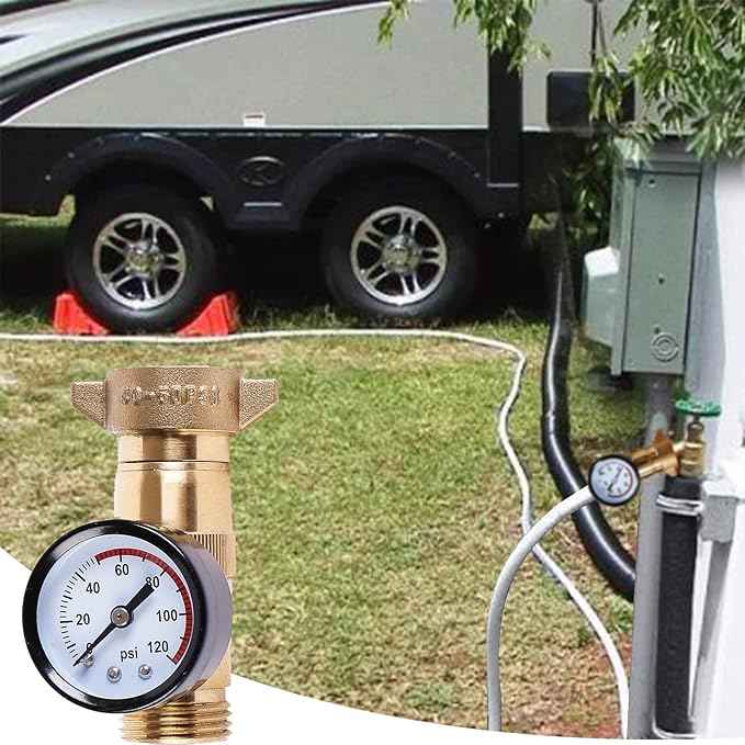 Cupohus Brass RV Water Pressure Regulator (40-50PSI) with Gauge and Filter Screen, 3/4” NH Monitor Water Hose Pressure,for RV Camper, Travel Trailer and More