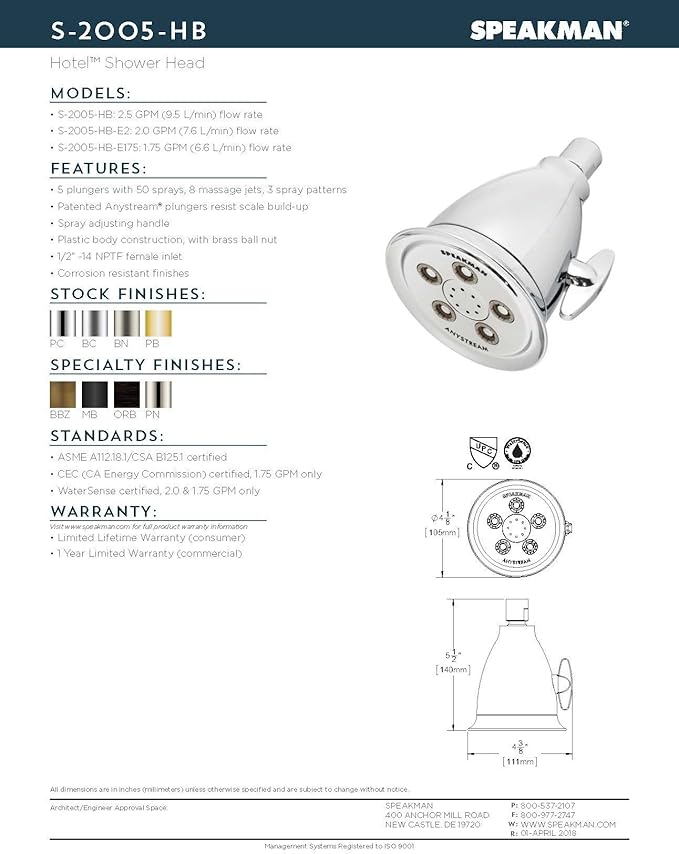 Speakman, Brushed Nickel S-2005-HB-BN-E2 Hotel Anystream Multi-Function 2.0 GPM Adjustable Shower Head