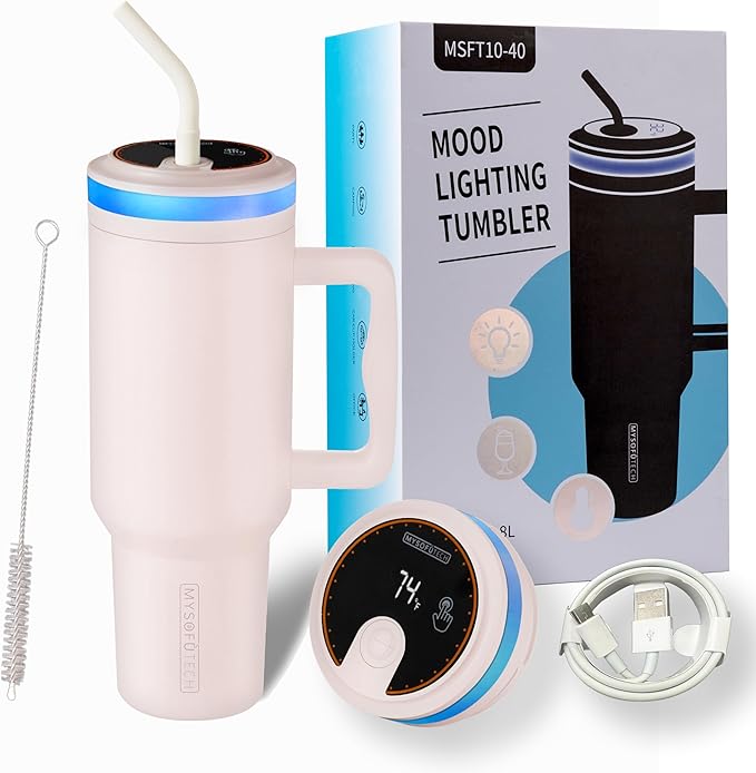 Water Bottle With Alarm Reminder,USB-C Rechargeable,RGB LED Lights Around the Lid,40oz,Insulated Stainless Steel，Ideal Gift for Valentine‘s Day(Rose Quartz)