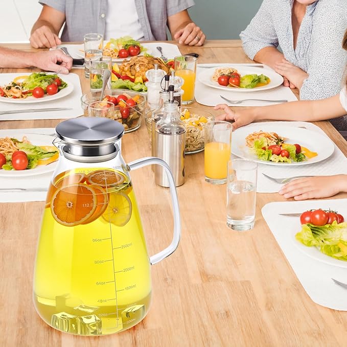 QWORK Glass Pitcher with Lid, 118 OZ Glass Water Pitcher with Precise Scale Line, Hot/Cold Water Jug, for Milk, Beverages