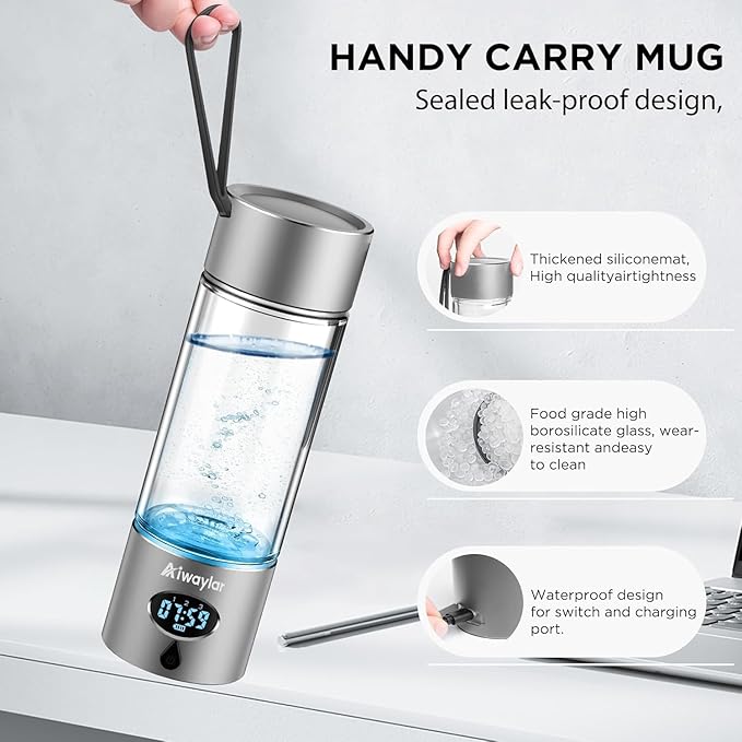 Aiwaylar Hydrogen Water Bottle - Portable, Rechargeable, LED Timer,3 Work Mode, Aluminum and Glass,360ML,Hydrogen Water Ionizer Machine with PEM/SPE Technology, Suitable for Office,Home,Gym Outdoor