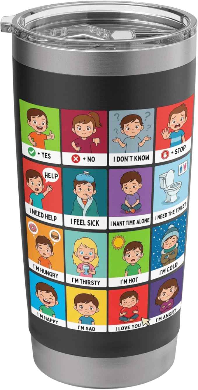 Autism ACC Communication Non Verbal Visual Aid Autistic Kids Stainless Steel Insulated Tumbler