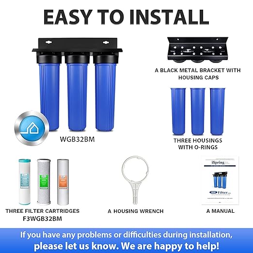 iSpring Whole House Water Filter System, Reduces Iron, Manganese, Chlorine, Sediment, Taste, and Odor, 3-Stage Iron Filter Whole House, Model: WGB32BM