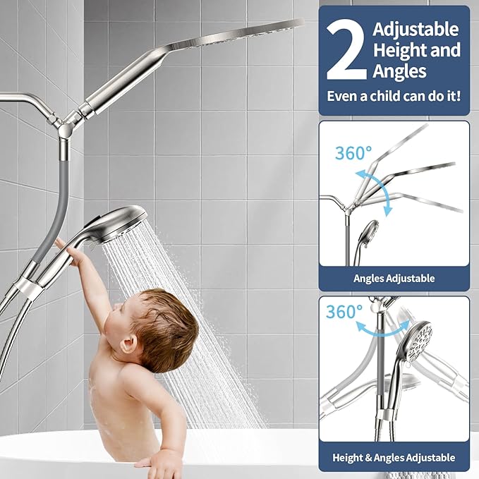KAIYING Dual Shower Heads with Handheld Spray Combo, High Pressure Modern Rain Shower Head with 9-Mode Handheld Showerhead, Double Rainfall Shower Head with 79-Inch Hose (Brushed Nickel)