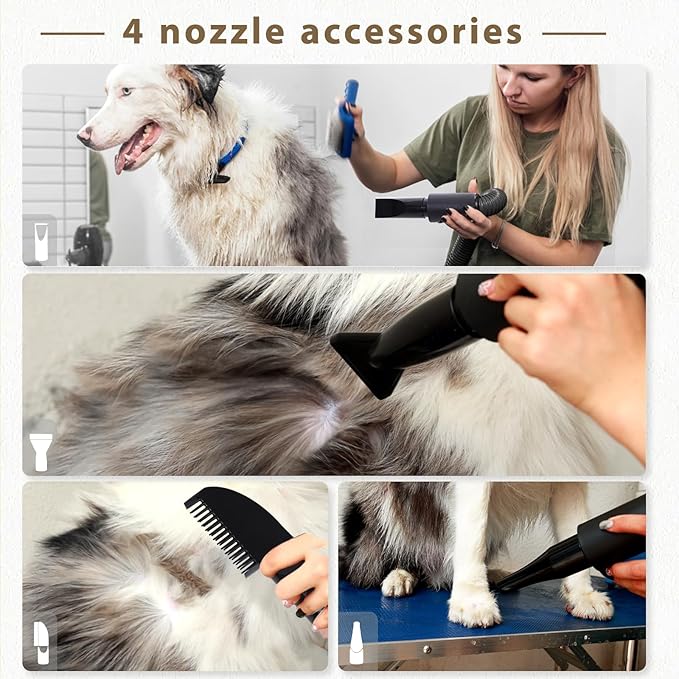 High Velocity Blow Dryer for Dogs, 5.2HP/ 3800W Dog Hair Dryer Speed Temperature Adjustable，Dog Blow Dryer with Thickened Handle,Low Noise Dog Blower Grooming Dryer，4 Nozzles,1 Massage Brush,Black
