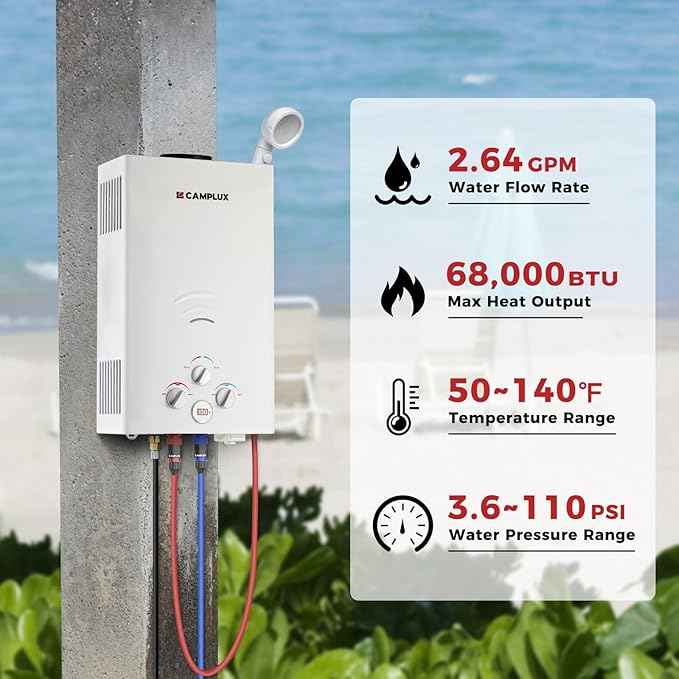 CAMPLUX Tankless Water Heater Propane, 2.64GPM Portable Water Heater for Off Grid, Camping, BW264, White