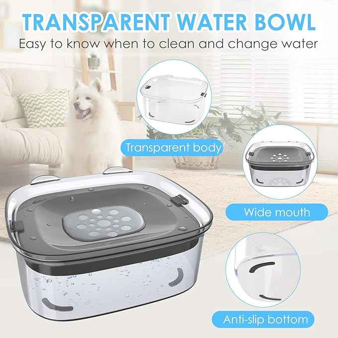 AONKEY 3L Dog Water Bowl No Spill, 101oz Large Spill Proof Dog Bowl Reduce Refill, Anti Splash No Mess Dispenser Dripless Slow Drinking Water Bowl for Sloppy Messy Drinkers (Gray)