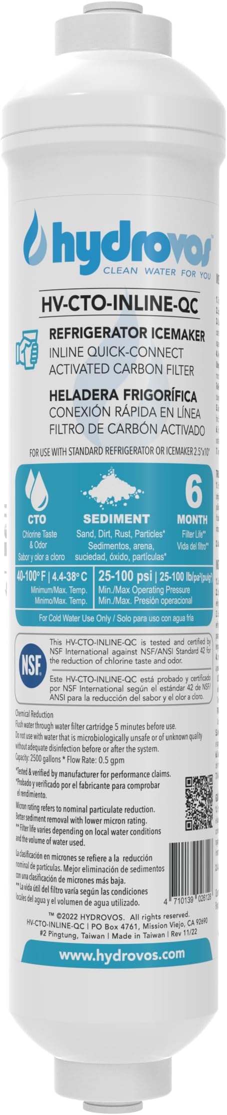 HYDROVOS Inline Water Filter for Refrigerator, Ice Maker, Reverse Osmosis System, 1/4" Push-In Quick Connect, 10" Carbon Water Filter Reduces Chlorine Taste & Odor for Drinking Water, RV Water Use
