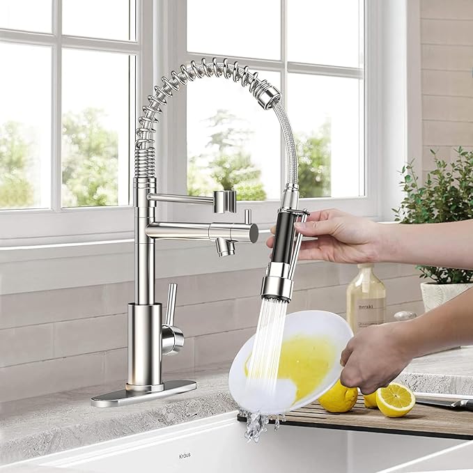 Commercial Pull-Down Kitchen Sink Faucet - Single Handle, Dual Spout, Stainless Steel, with Countertop & Sprayer (Chrome-03)