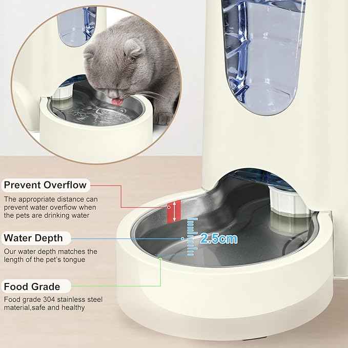2 Pack Automatic Cat Feeder and Stainless Steel Water Dispenser, Gravity Dog Waterer Set Food Feeder and Waterer Set for Small Medium Kitten Puppy Pets (1 Gallon x 2, Ivory White)