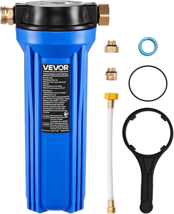 VEVOR RV Water Filter, 2.5 x 10 in Water Filter System for Campers, Remove Sediments, Chlorine, Bad Tastes, Odors, and Most Contaminants, RV Filter for RVs, Boats, Vans