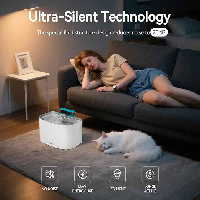 Cat Water Fountain, App Control Wireless Cat Fountain, 122oz/3.6L Pumpless Water Fountains for Cats Indoor with Stainless Steel Tray, Wi-Fi Dog and Pet Water Fountain (White, Fountain+2 Fliters)