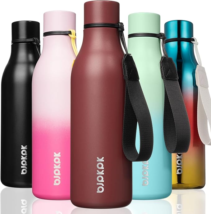 BJPKPK Insulated Water Bottles, 18 oz Stainless Steel Metal Water Bottle with Strap, BPA Free Leak Proof Jugs, Mugs, Flasks, Reusable Thermal Flasks for Sports & Travel, Brick Red