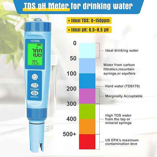 YINMIK Water pH Meter, Digital 4 in 1 pH Temp EC TDS Meter for Hydroponics, PH Conductivity PPM Tester with EC Calibration Liquid, Suit for Growing Nutrients,Reservoir Tank,DWC,Brewing,Pool, Aquarium