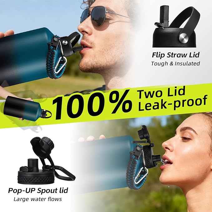 1 Gallon Water Bottle Insulated 128oz - Stainless Steel Water Bottles Keep Cold 48H, Fitness Sports Water Bottle with Straw & Spout Lid, Paracord Handle, Carrier Bag with Strap,Black 128 OZ Jug