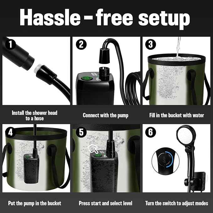 Portable Camping Shower, 6000mAh Rechargeable Shower Pump, Large Capacity Foldable Bucket, 6' 7" Filtered Shower Head, Summer Beach, Outdoor Camp Showering, Hiking, Pet Bath, RV Car Wash, Water Plant