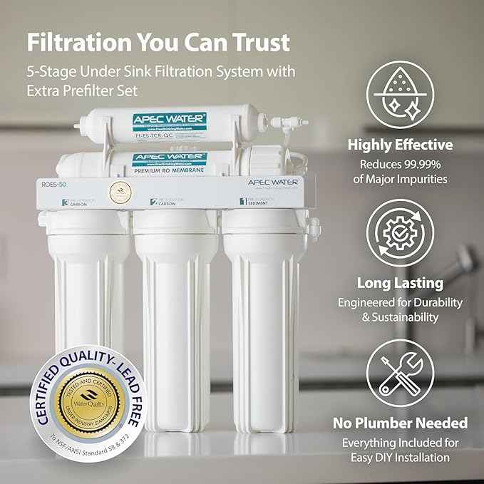 APEC Water Systems ROES-50 Essence Series Top Tier 5-Stage WQA Certified Ultra Safe Reverse Osmosis Drinking Water Filter System with Extra High Capacity Pre-Filter Set Stage 1-3