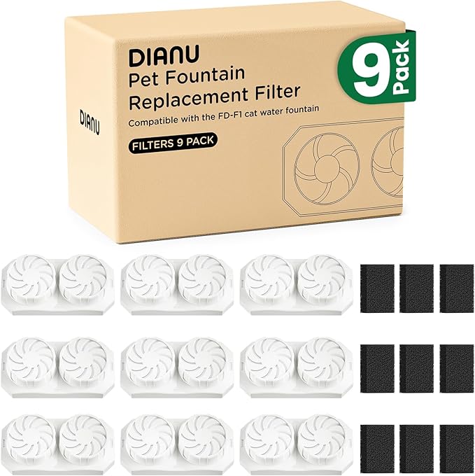 DIANU Official Cat Water Fountain Replacement Filters & Pre-Filter Sponges for 3.2L/108oz Stainless Steel Pet Fountain (9 Pack)