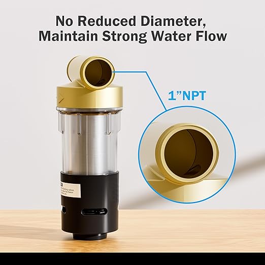 Frizzlife 40&100 Micron Spin Down Sediment Filter with Built-in Scraper, Reusable Whole House Pre-Filter for City/Well Water, Washing Machine, Flushable Filtration, BPA Free, 1"&3/4" NPT, JB40-100