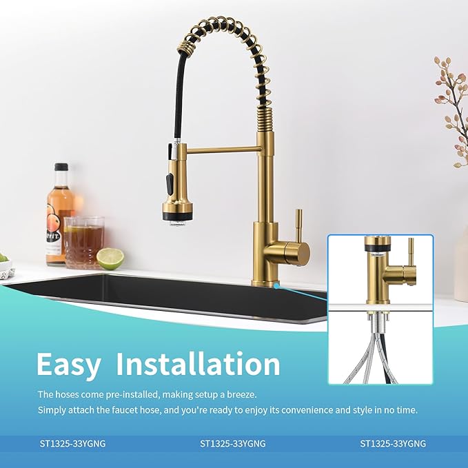 GIMILI Gold Kitchen Faucet with Pull Down Sprayer Single Hole Stainless Steel LED Faucet, Suitable for Farmhouses, RV, Laundry Room, Outdoor, and Campers. Llave para fregadero de cocina
