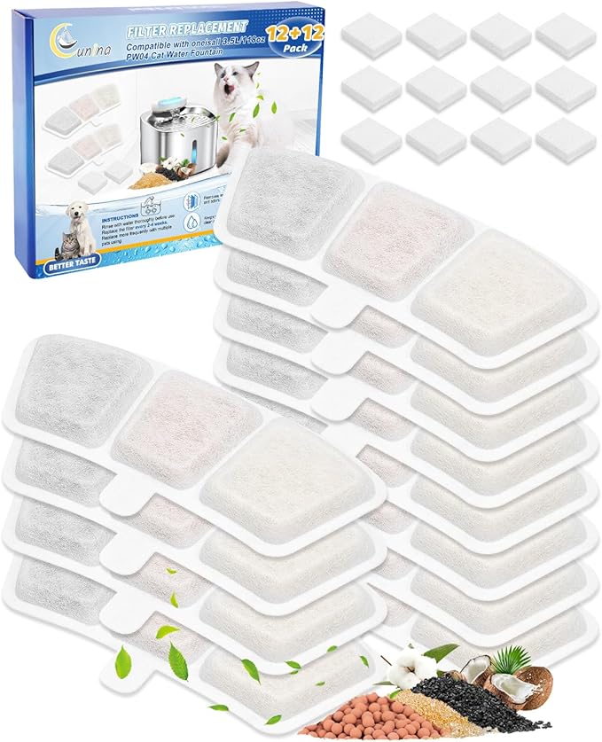 Cat Water Fountain Filter Compatible with oneisall PW04 3.5L/118oz, Cat Fountain Filters Replacement Fit for oneisall, Multilayer Filters System, Keeping Pet Water Clean 12+12 Pack