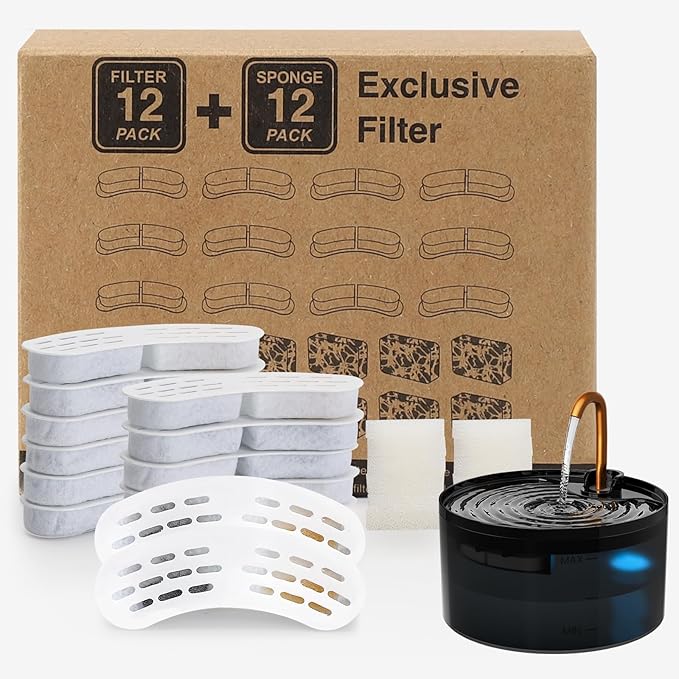 S003,S005 Exclusive Cat Fountain Filter Replacement, 12 Pack Filters and 12 Pack Sponges, Only for Item Model Number:S003,S005, Not for Other Brands of Products，Not Include Cat Fountain
