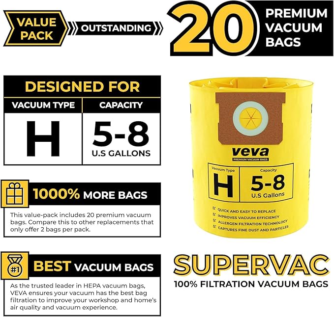 20 Pack, 5-8 Gallon Filter Bags for Shop Vac Vacuum - Type H 90671 - High-Efficiency Vacuum Bags - AquaVibe