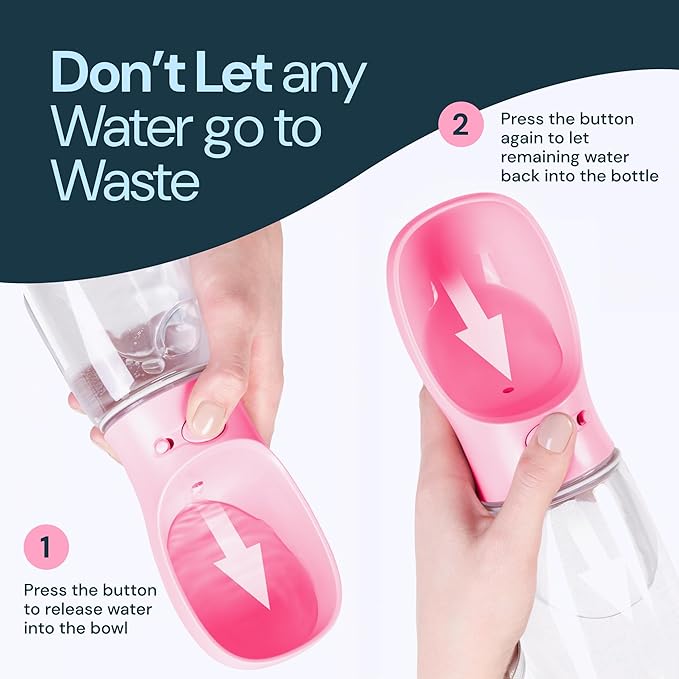 MalsiPree Leak-Proof Portable Dog Water Bottle for Travel - 19 oz, with Pink Bowl - Food Grade Plastic - Dog Bowls - Puppy Essentials - Pet Water Bottle - AquaVibe