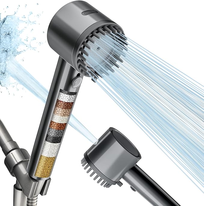 Cobbe Filtered Shower Head with Handheld, High Pressure 5-mode Showerhead with Filters, Built-in Power Wash for Hard Water - Remove Chlorine - Reduces Dry Itchy Skin, Gray - AquaVibe