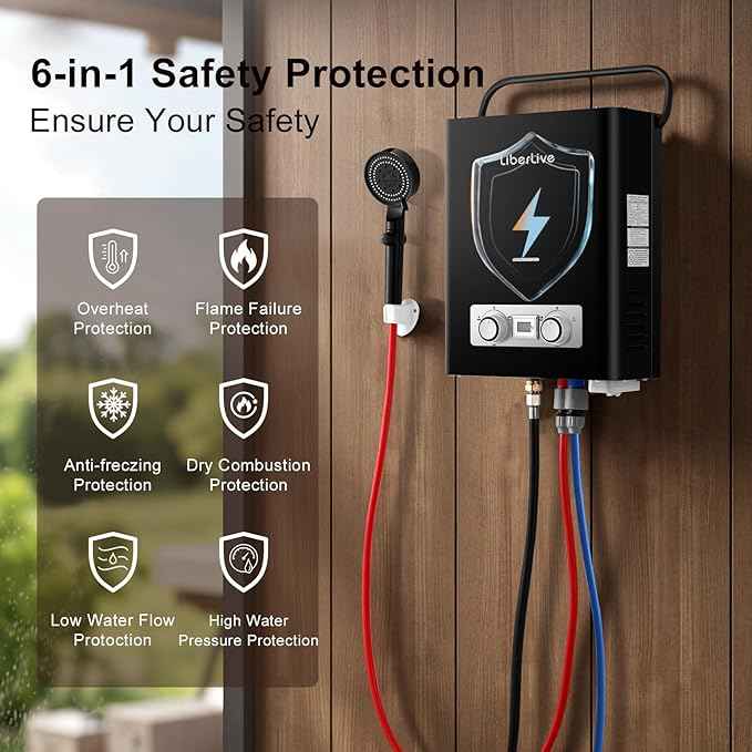 Propane Tankless Water Heater, 5L 1.32 GPM Outdoor Portable Gas Instant Hot Water Heater with Digital Display Overheating Protection, for Camping Barn Cabin RV Black