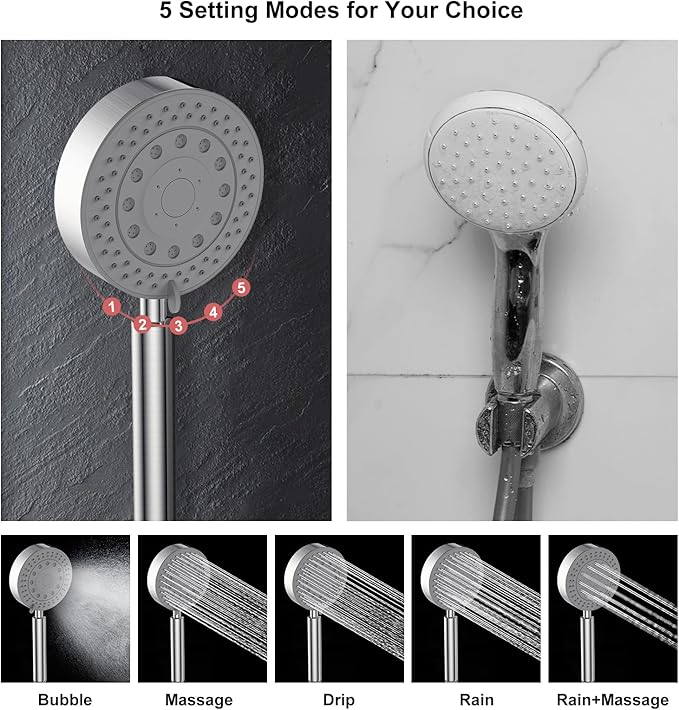 Shower Head with Handheld Combo 10" Chrome High Pressure Rain Shower Head 11" Adjustable Extension Arm and 5 Settings Adjustable SUS 304 Handheld Showers with 59" Hose, 2-in-1 Shower Holder