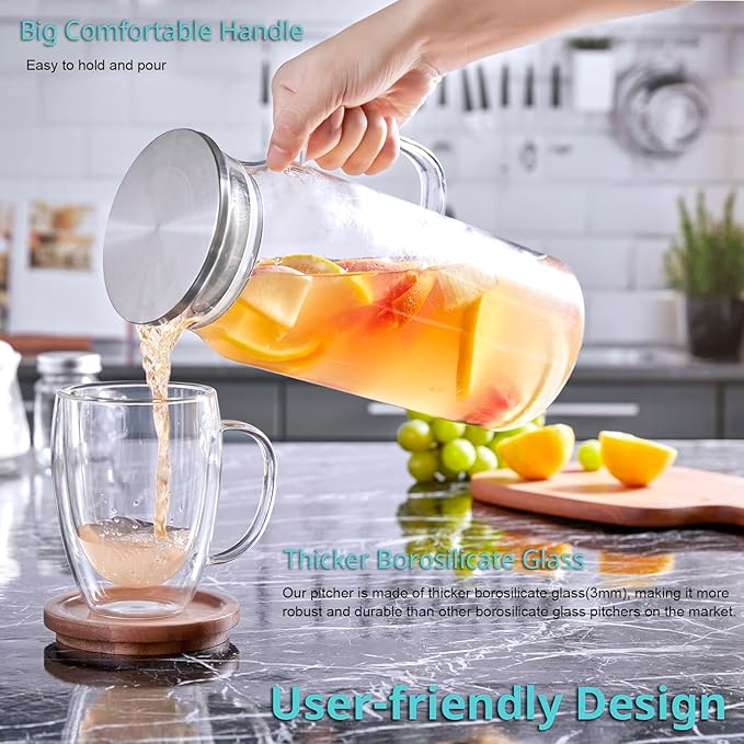 Bivvclaz 3 Pack 2 Liter 68 oz 2.1 Qt Glass Pitcher with Lid and Handle, Water Pitcher for Fridge, Glass Carafe for Hot/Cold Water, Large Iced Tea Pitcher for Coffee, Juice and Homemade Beverage
