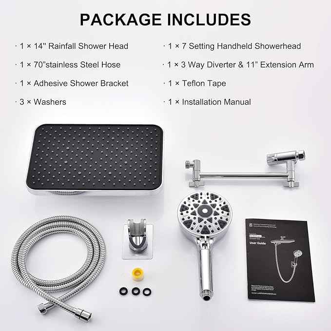 Dual shower Head with Handheld and Filter-14'' Rainfall ShowerHead,High Pressure Handheld Shower Head with Filters for Hard Water,7Spray with Power Wash,3-Way Setting for Couple Bathroom