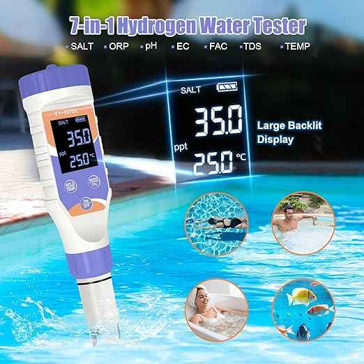 7-in-1 Digital Pool Water Tester–Chlorine, pH, Salt, ORP, EC, TDS&Temp Meter for Saltwater Pools,Hot Tubs,Spas, Aquariums&Hydroponics|Complete Digital Pool Chemical Tester for Safe & Healthy Swimming