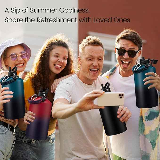 1 Gallon Water Bottle, 128 oz Insulated Water Bottle with Straw & Spout Lids, Carrier Bag with Strap, Stainless Steel Flask (Cold for 48Hrs) Large Metal Jug for Hiking Travel Camping